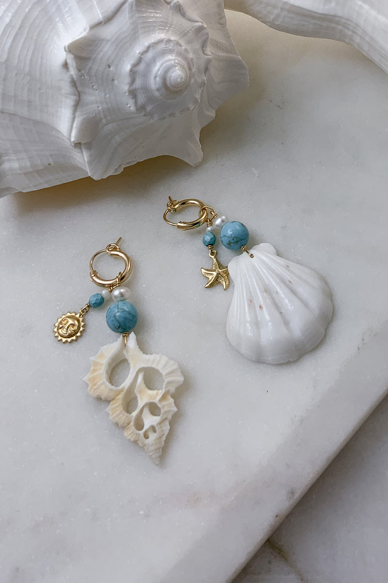 Castaway Turquoise Bead and Shell Hoops - Gold Fill