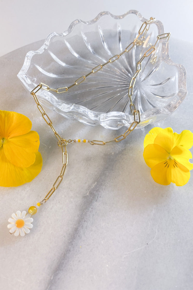Yellow Daisy Paper Clip Chain Necklace Gold Fill