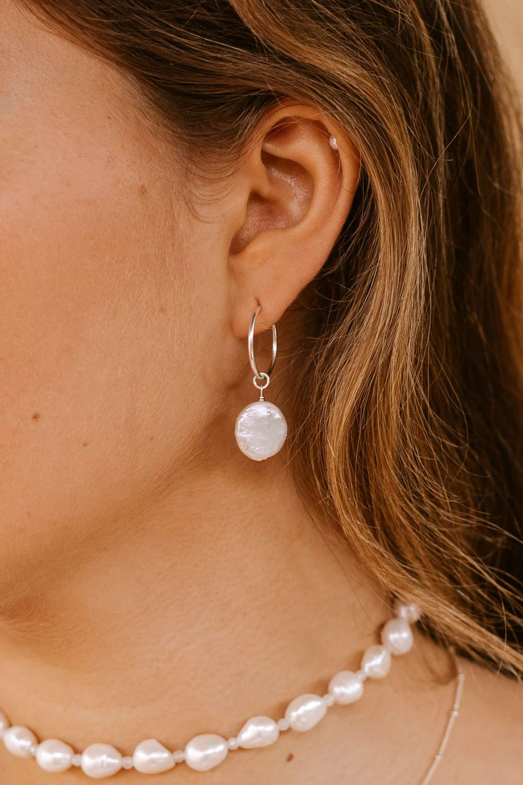 Round Pearl Hoops - Silver, Earrings with  by Lunarsea Designs