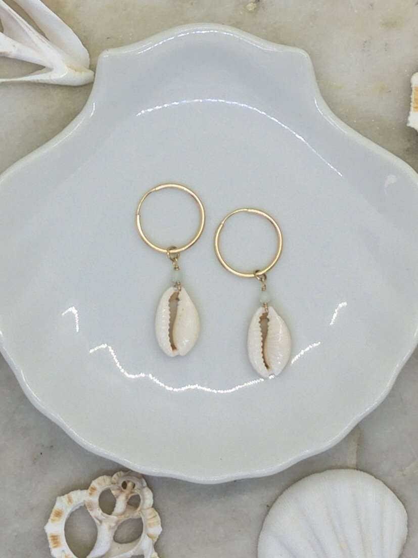 Gold Fill Cowrie Shell Hoops, Earrings with Amazonite by Lunarsea Designs