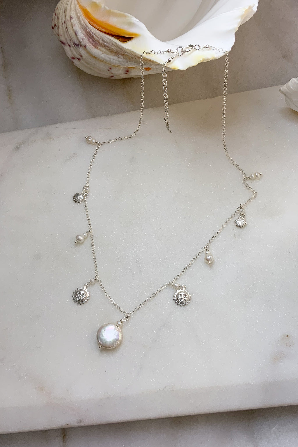 Round Pearl Sun Necklace - Sterling Silver