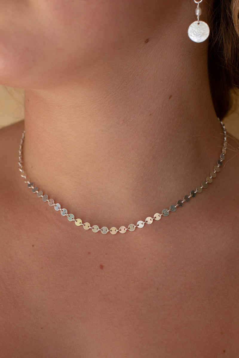Moon Disc Chain Choker Necklace -Sterling Silver