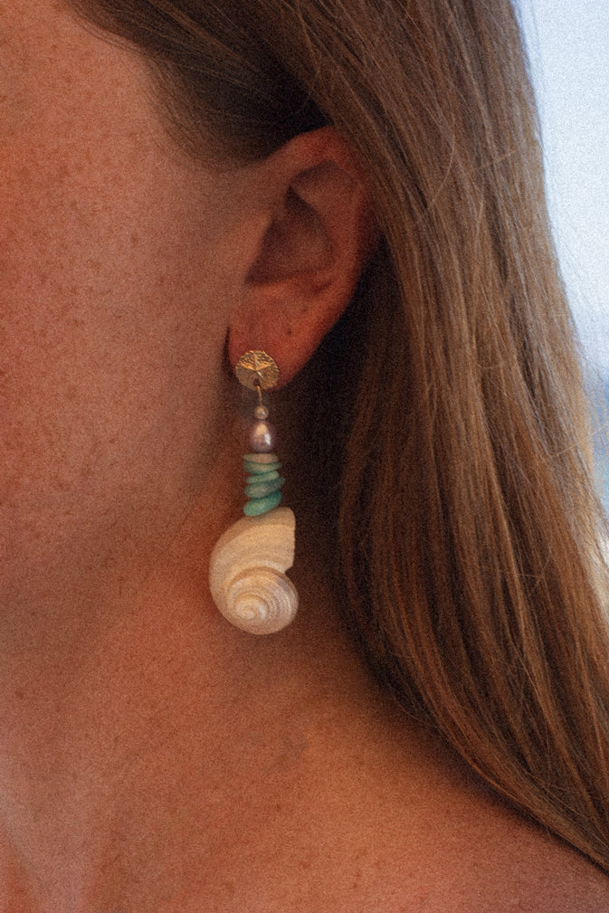 Sand Dollar Turbo Shell, Amazonite & Pearl Earrings - GOLD FILL