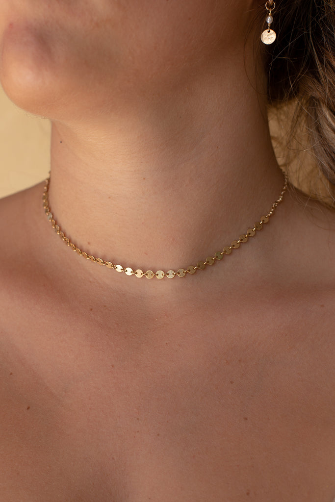 Moon Disc Chain Choker Necklace -Gold Fill