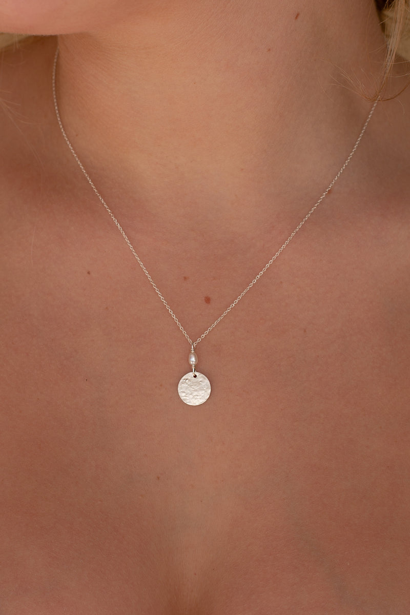 Pearl Large Moon Necklace- Plain-Sterling Silver