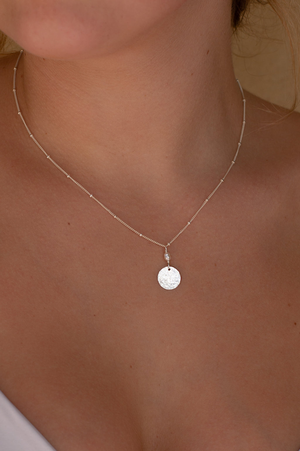 Pearl Large Moon Necklace- Satellite-Sterling Silver