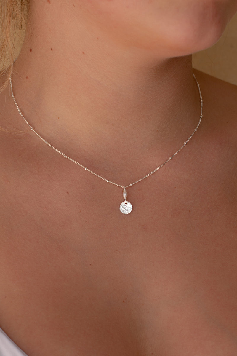 Pearl Small Moon Necklace- Satellite-Sterling Silver