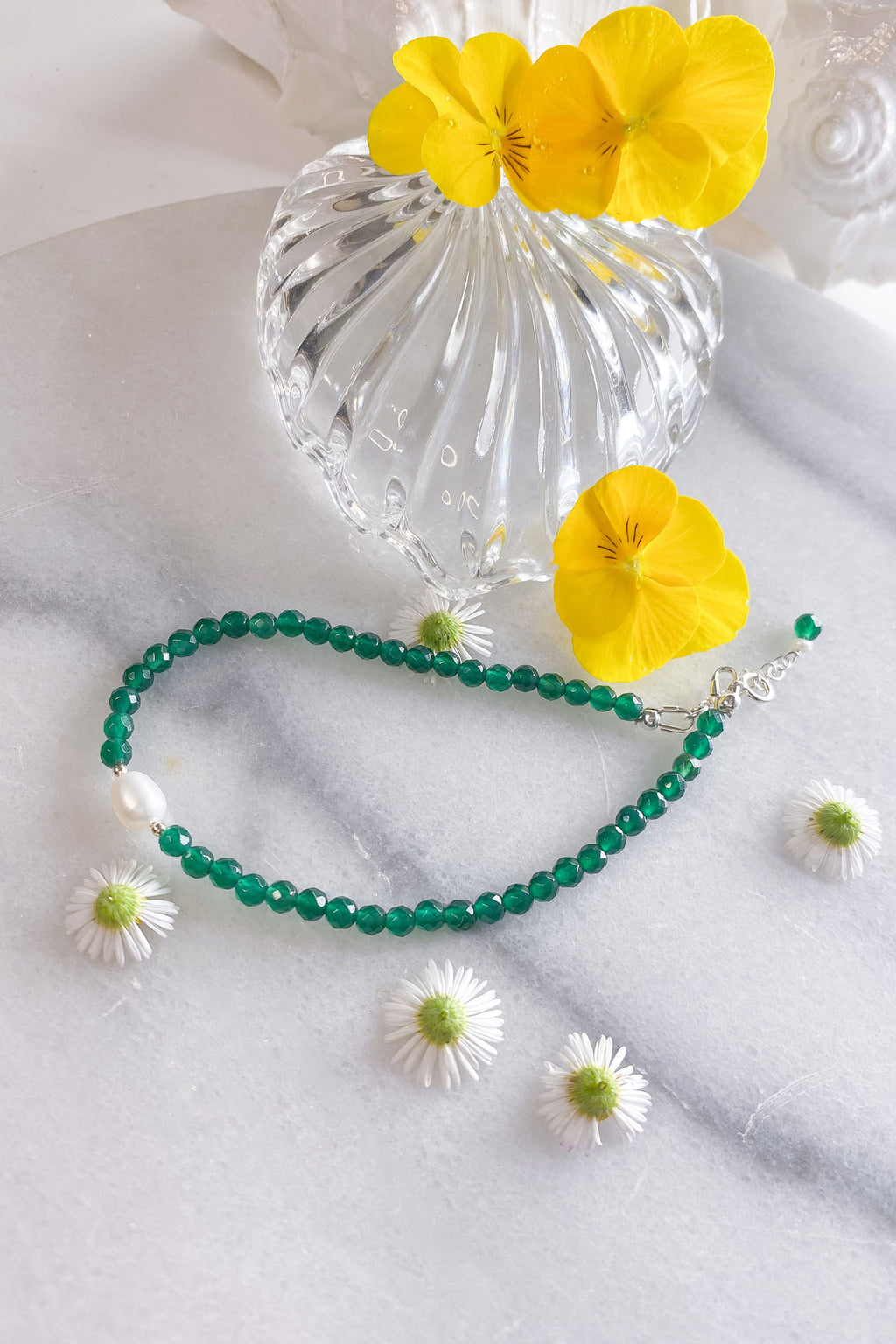 Green Agate and Pearl Anklet Sterling Silver