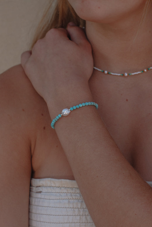 Turquoise & Pearl Bracelet- Sterling Silver