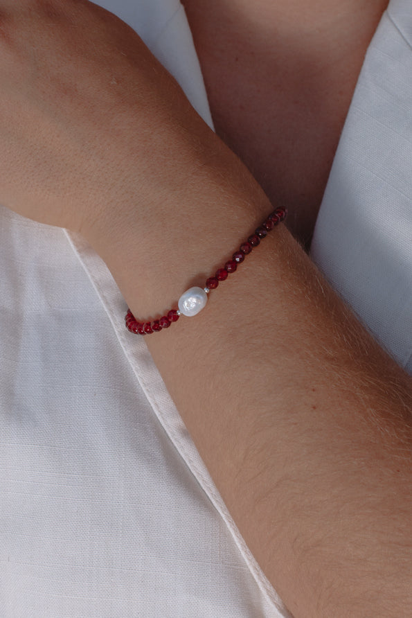Red Agate & Pearl Bracelet- Sterling Silver