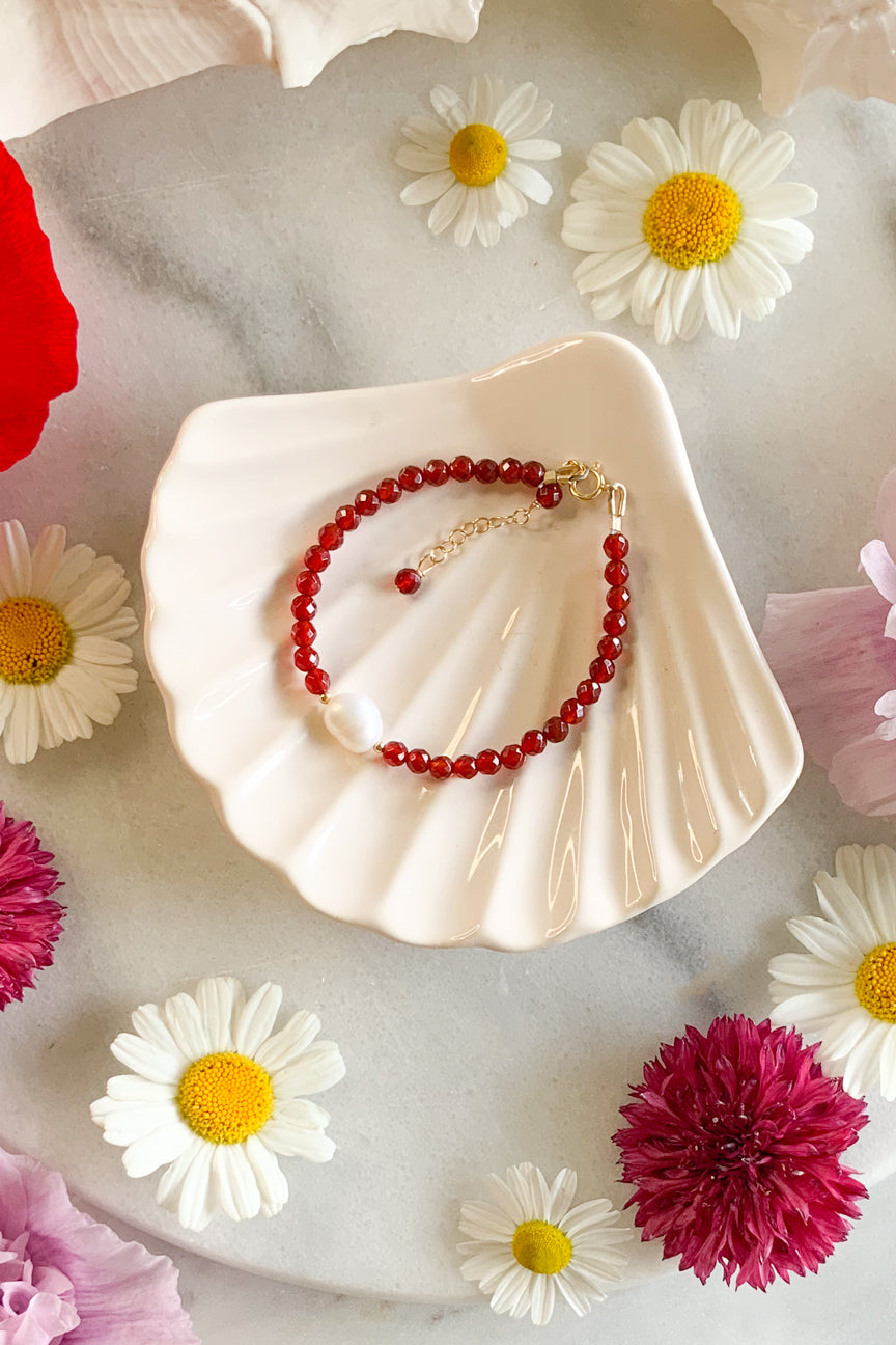 Red Agate & Pearl Bracelet- Gold Filled