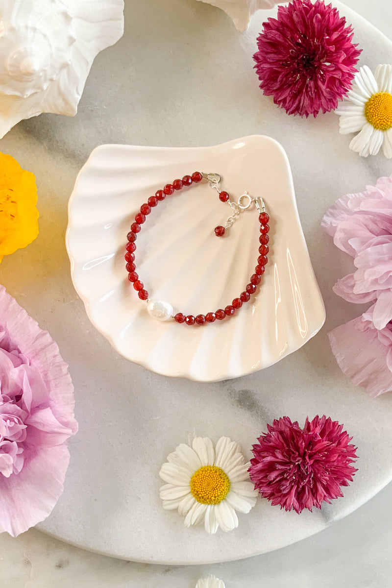 Red Agate & Pearl Bracelet- Sterling Silver