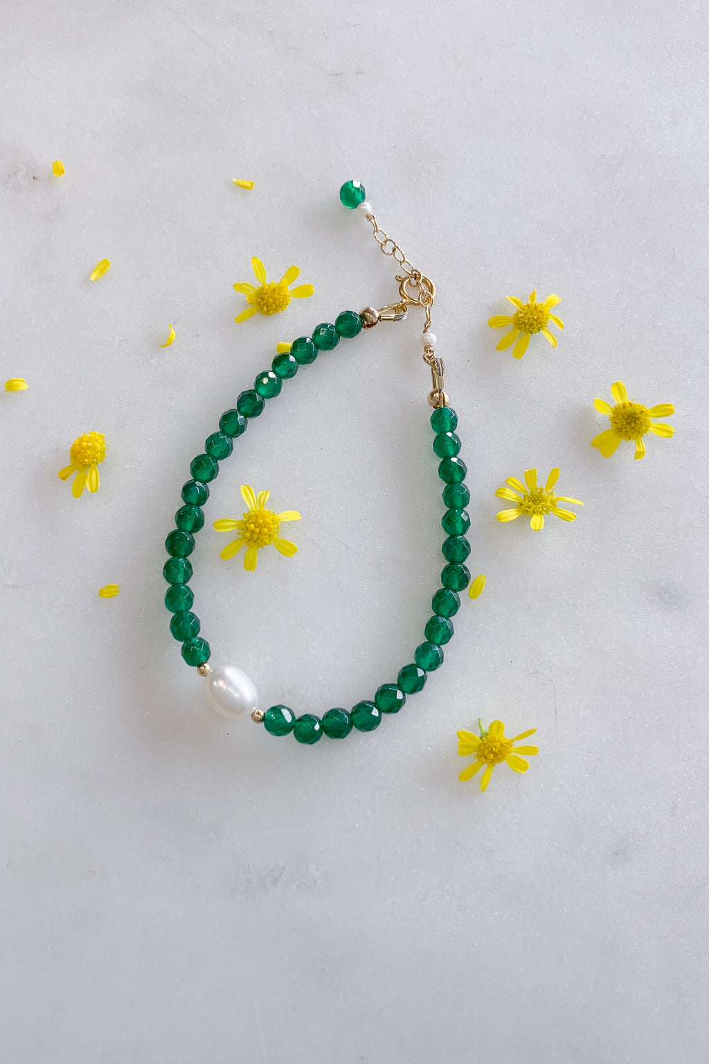 Green Agate and Pearl Bracelet Gold Fill
