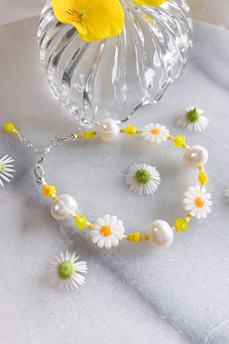 Daisy and Pearl Bead Bracelet - Sterling Silver