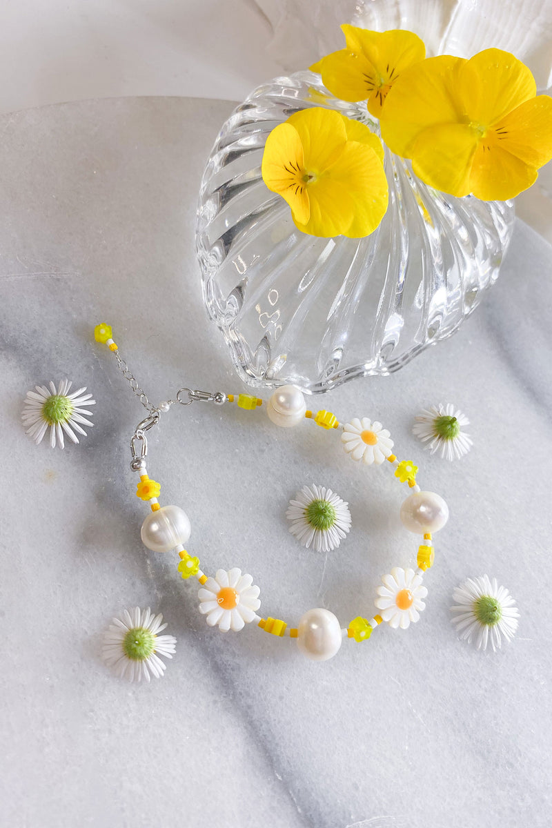 Daisy and Pearl Bead Bracelet - Sterling Silver