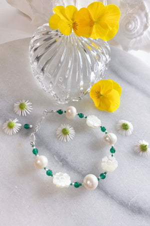 White Flower and Pearl Green Agate Bracelet - Sterling Silver