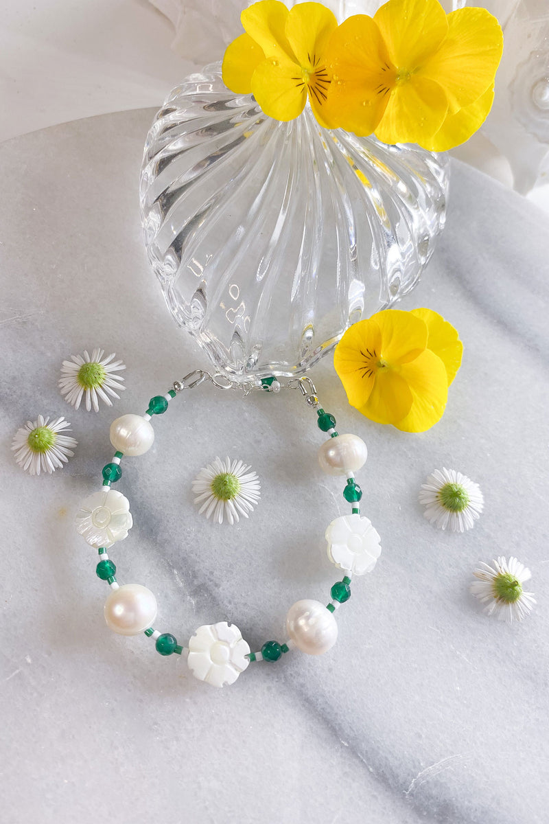 White Flower and Pearl Green Agate Bracelet - Sterling Silver