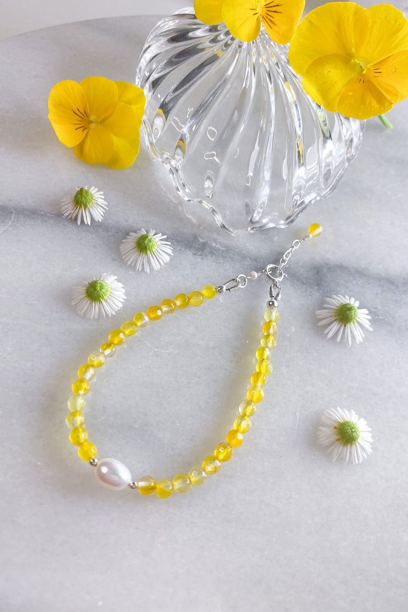 Yellow Agate and Pearl Bracelet Sterling Silver