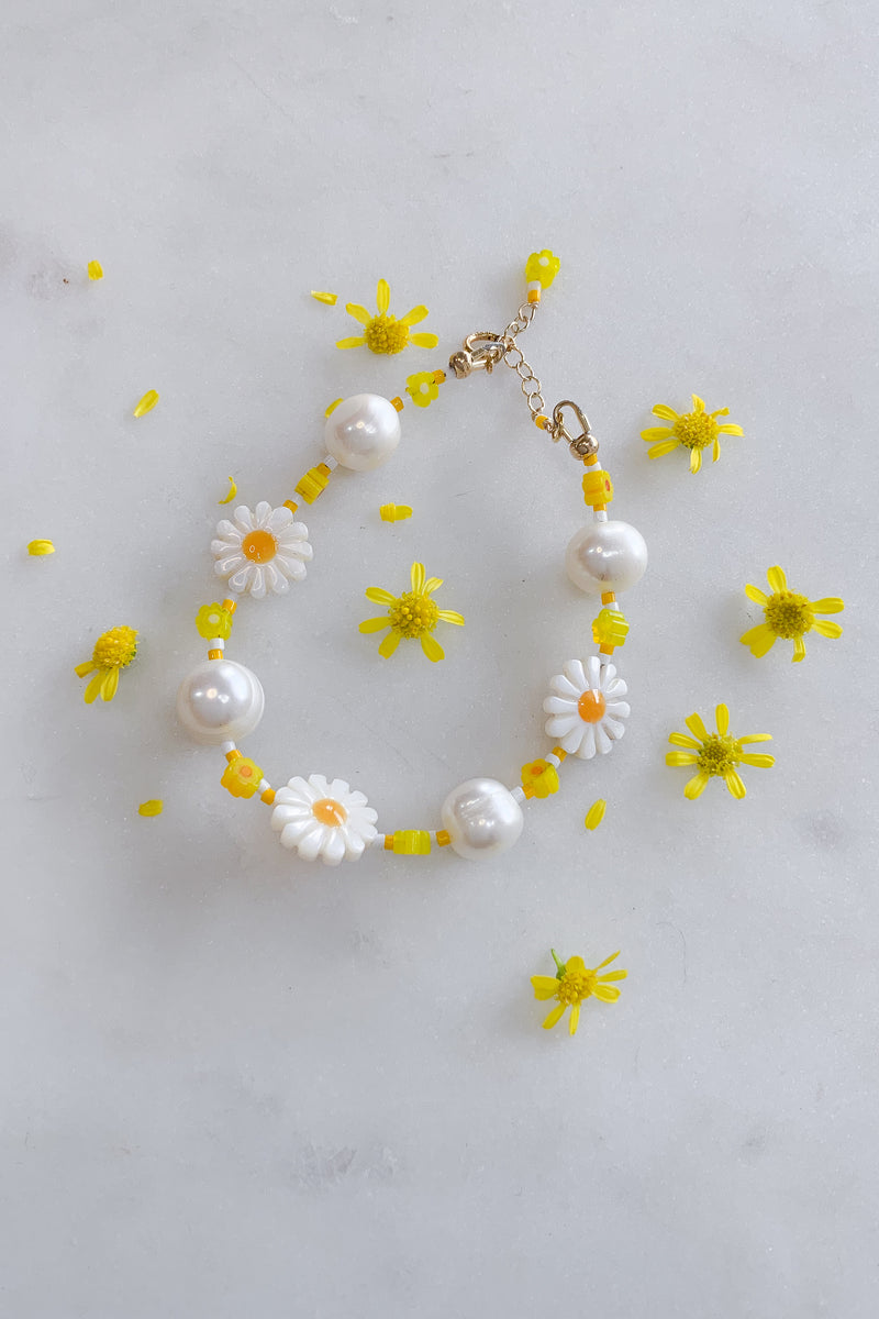 Daisy and Pearl Bead Bracelet - Gold Fill