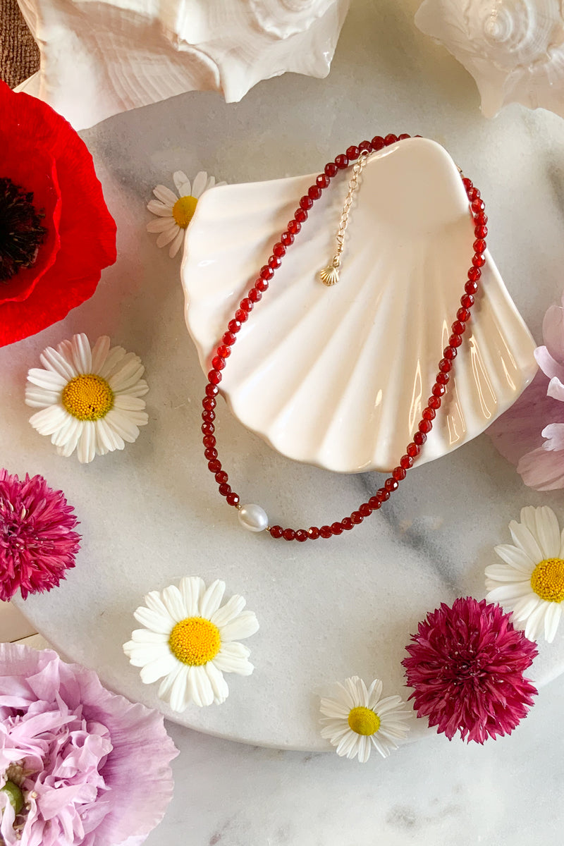 Red Agate & Pearl Choker- Gold Fill