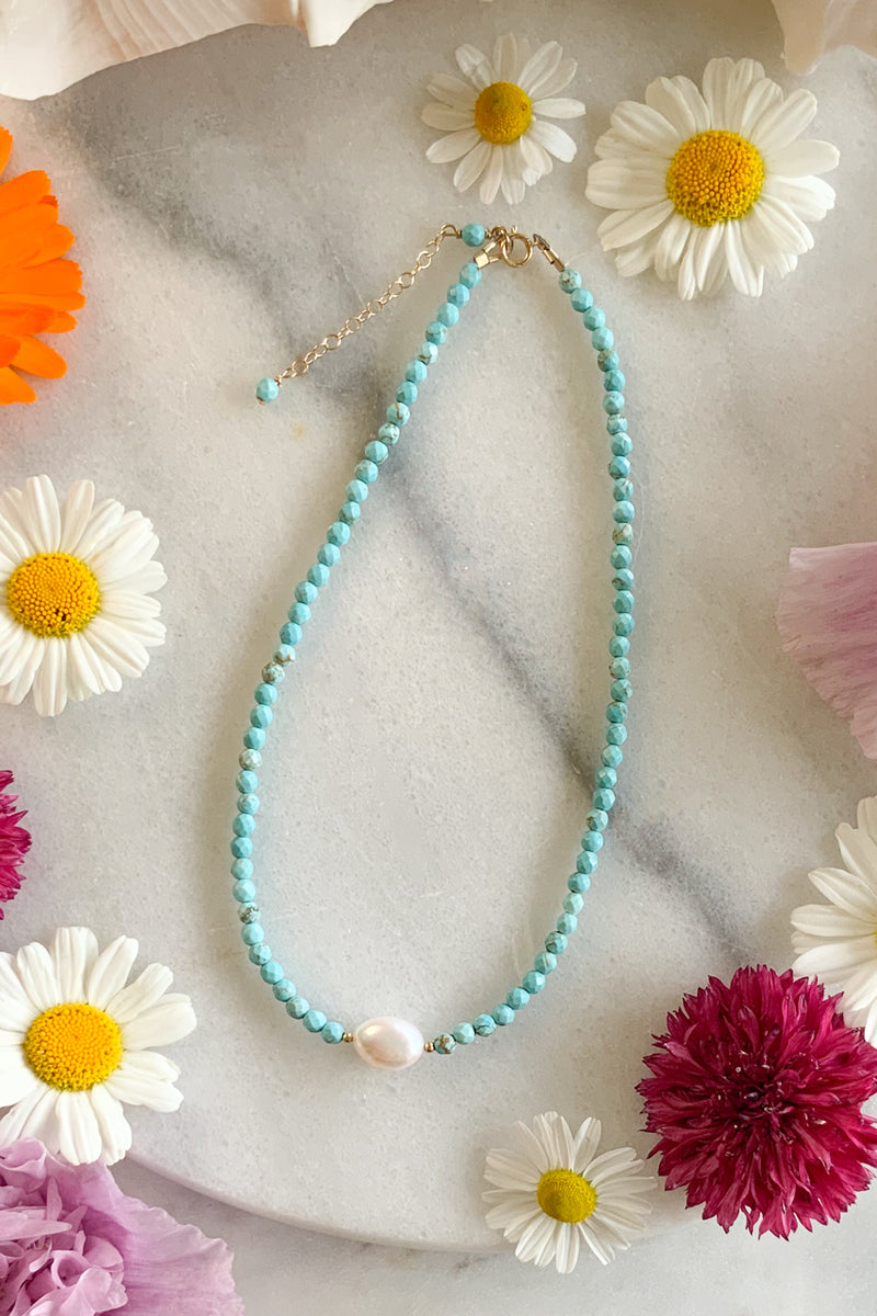 Turquoise & Pearl Necklace- Gold Fill