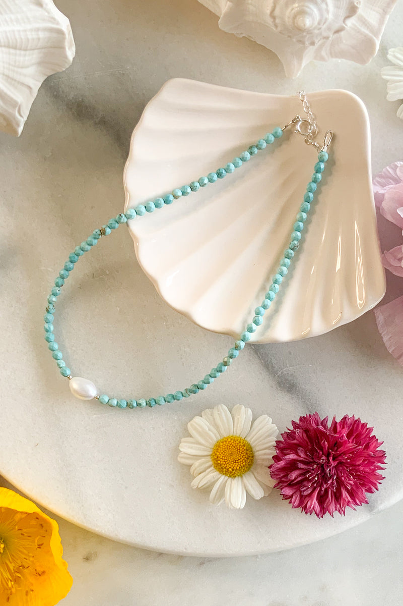 Turquoise & Pearl Necklace- Sterling Silver