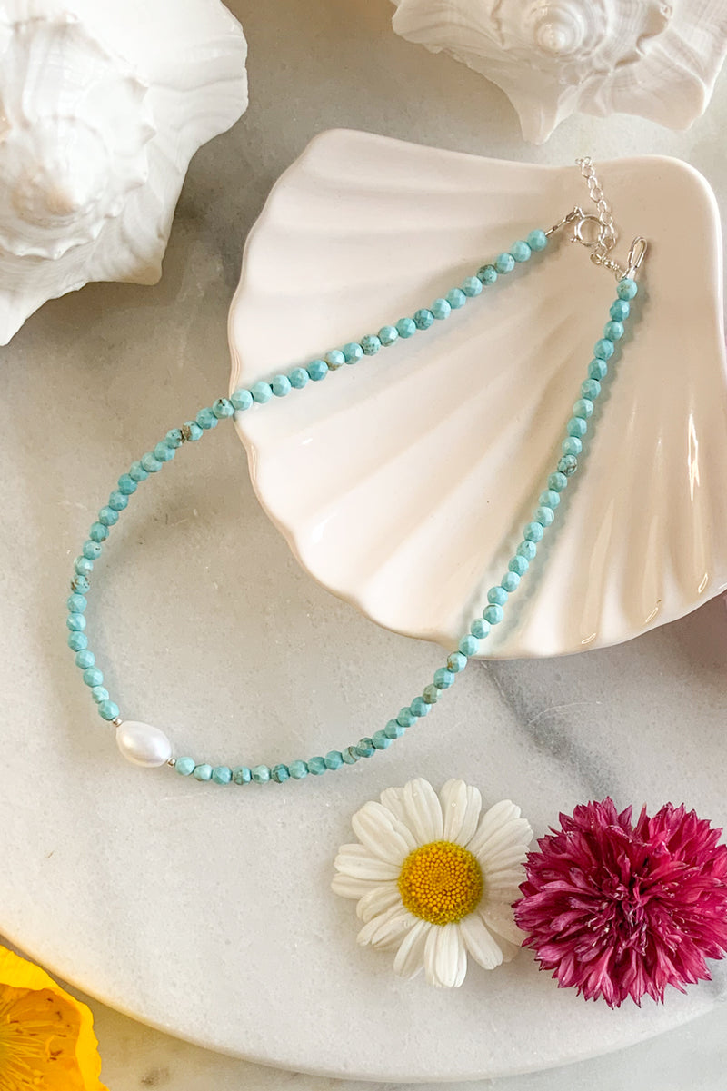 Turquoise & Pearl Necklace- Sterling Silver