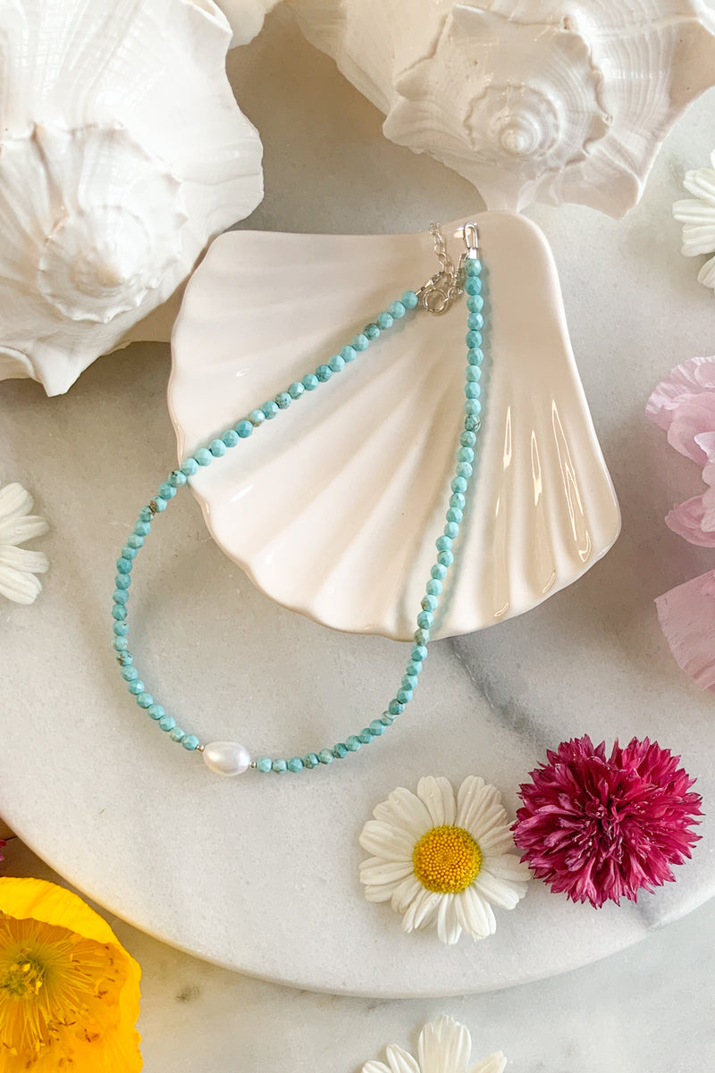 Turquoise & Pearl Necklace- Sterling Silver