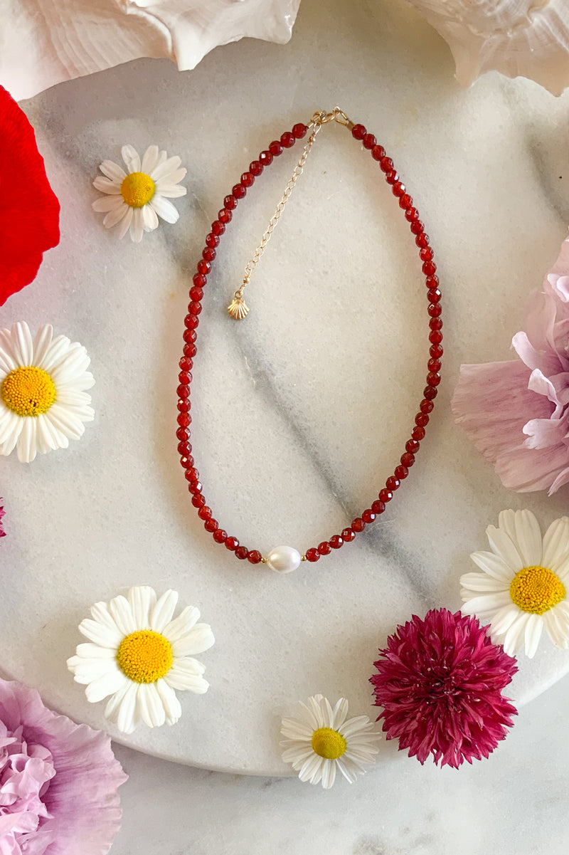 Red Agate & Pearl Choker- Gold Fill