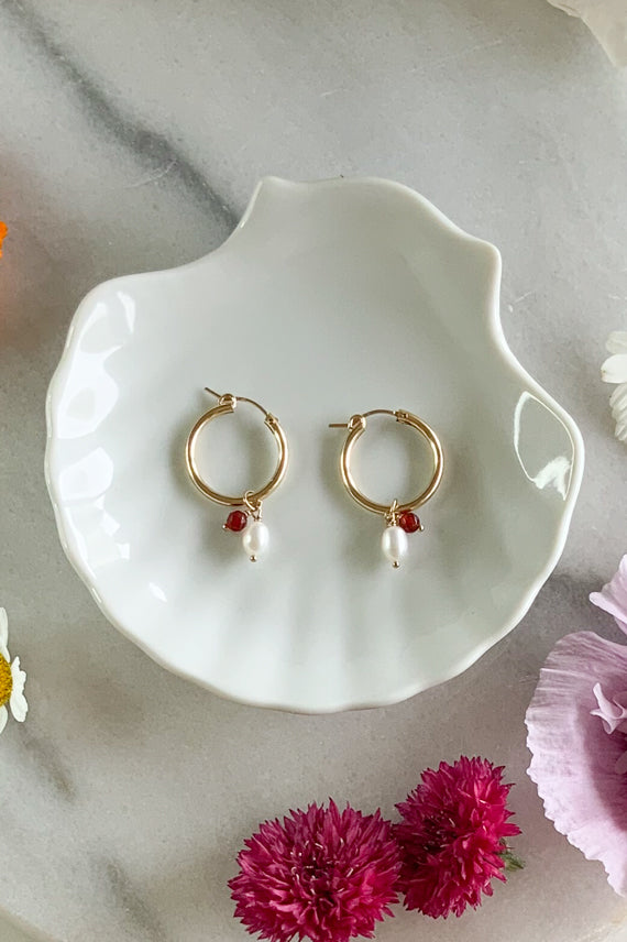 Red Agate & Pearl Hoops - Gold Fill