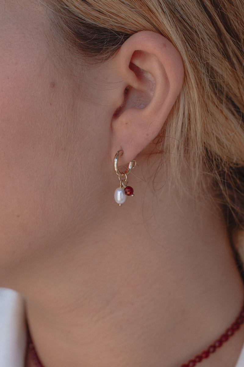 Red Agate & Pearl Hoops - Gold Fill