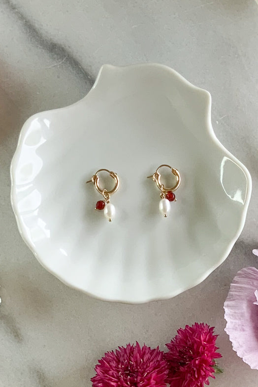 Red Agate & Pearl Hoops - Gold Fill