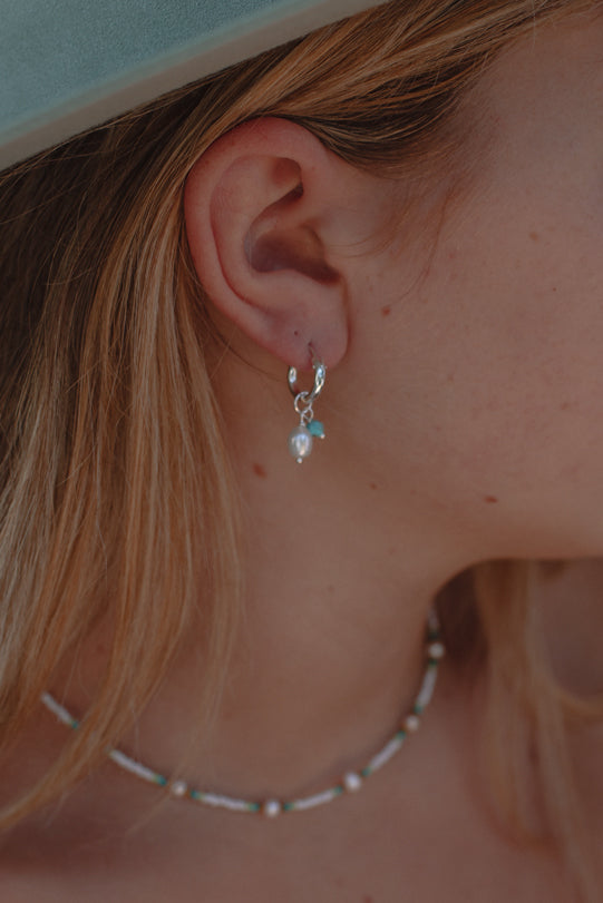 Turquoise & Pearl Hoops - Sterling Silver