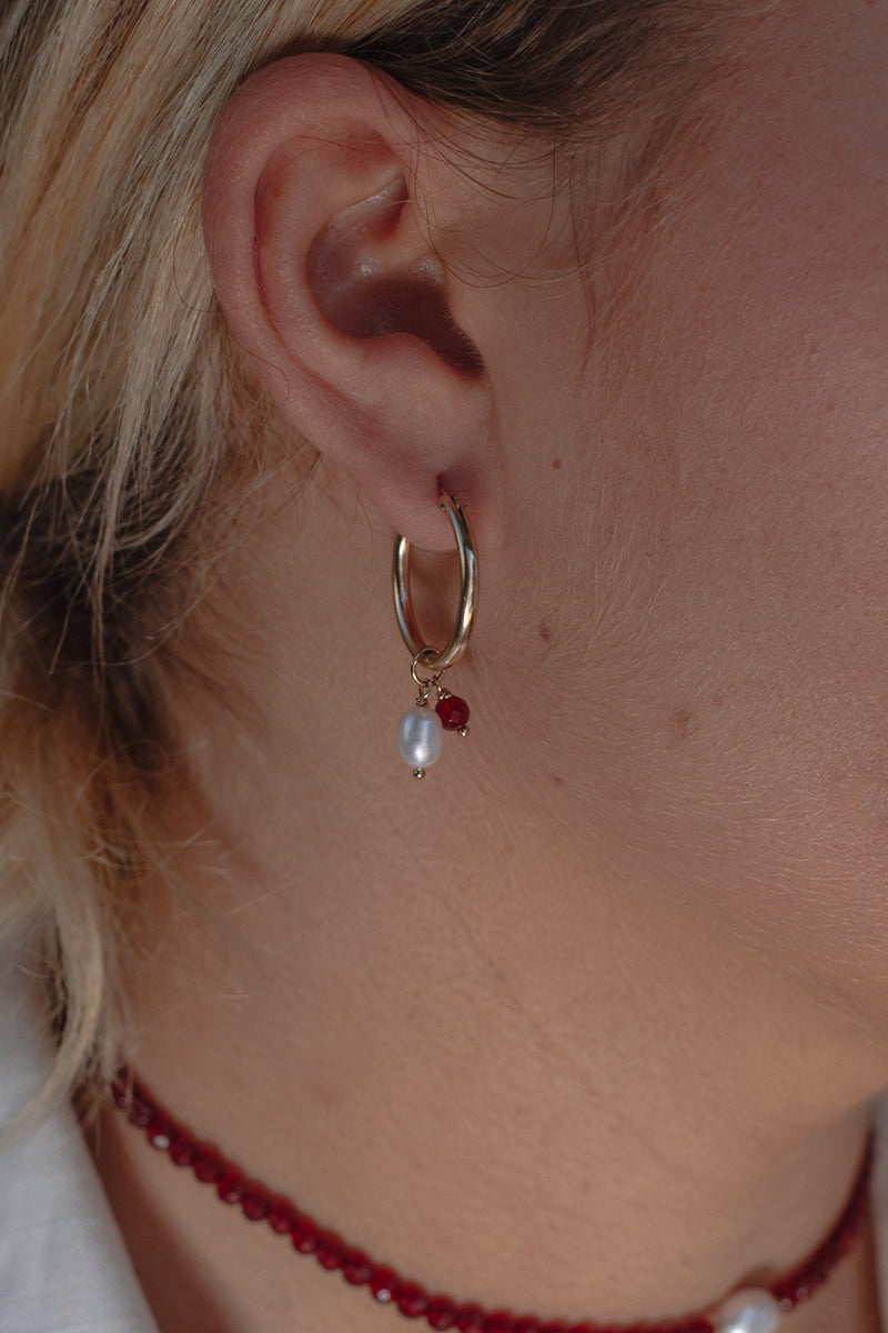 Red Agate & Pearl Hoops - Gold Fill