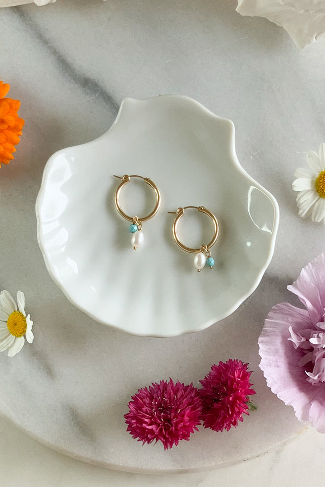 Turquoise & Pearl Hoops - Gold fill