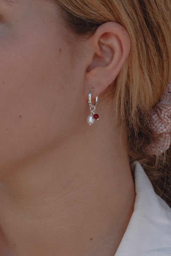 Red Agate & Pearl Hoops - Sterling SIlver