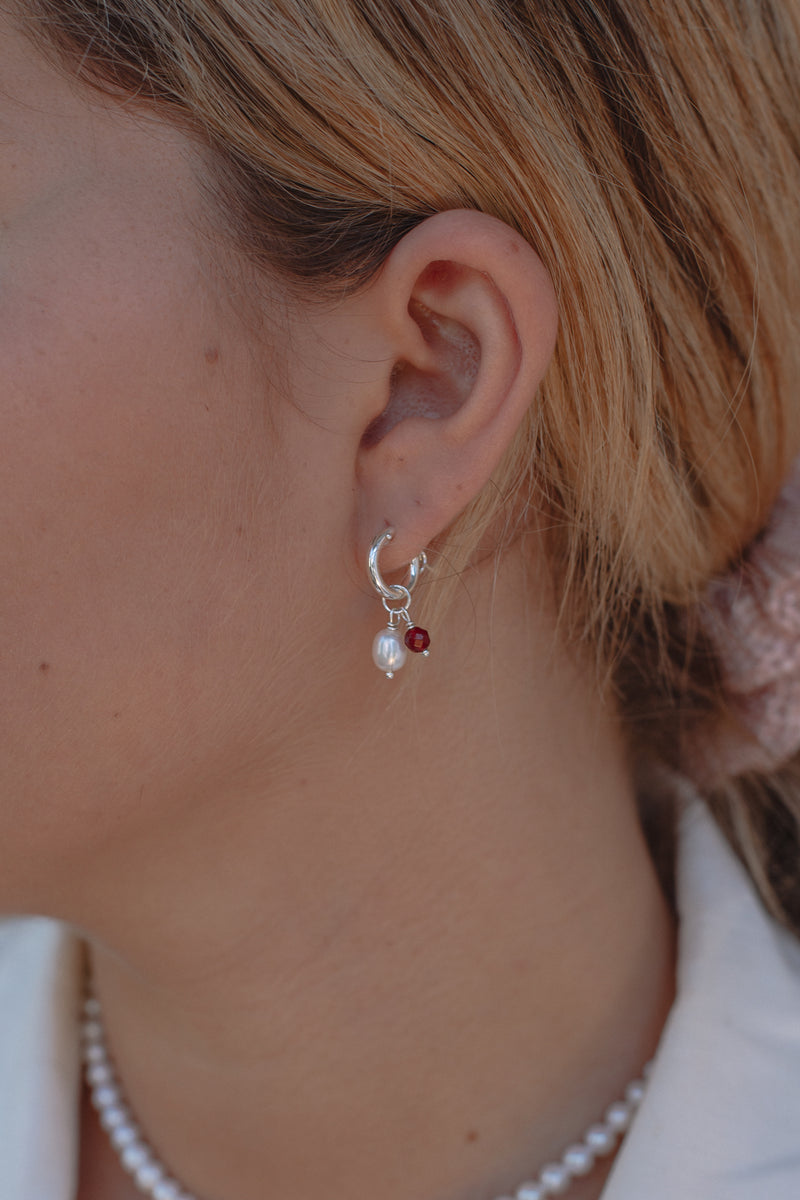 Red Agate & Pearl Hoops - Sterling SIlver