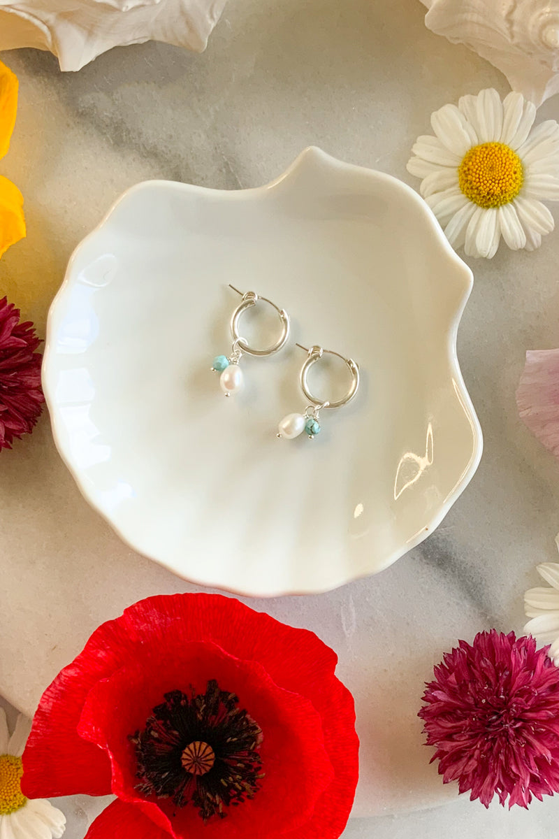 Turquoise & Pearl Hoops - Sterling Silver