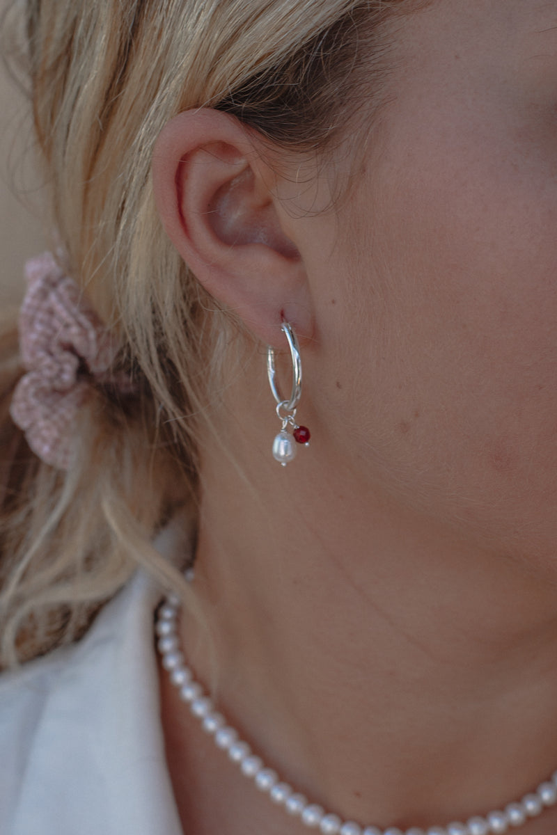 Red Agate & Pearl Hoops - Sterling SIlver