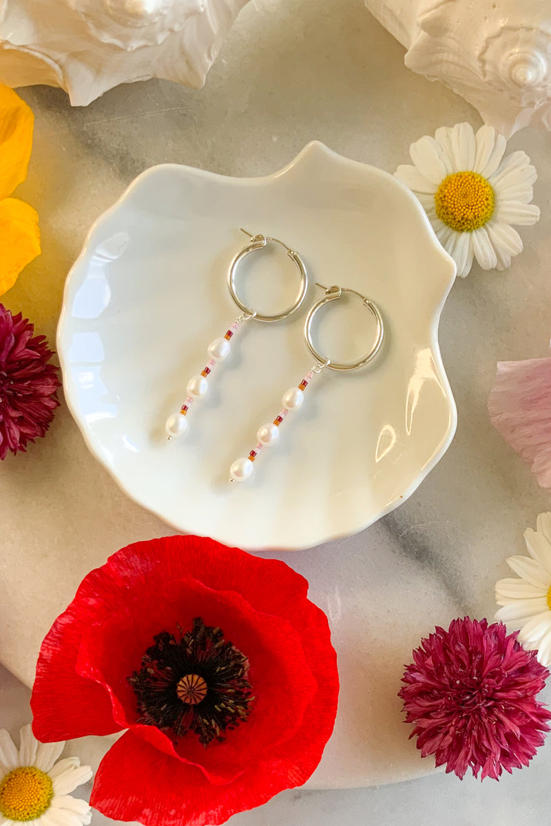 Sunset Sol Three Pearl Hoops - Sterling Silver