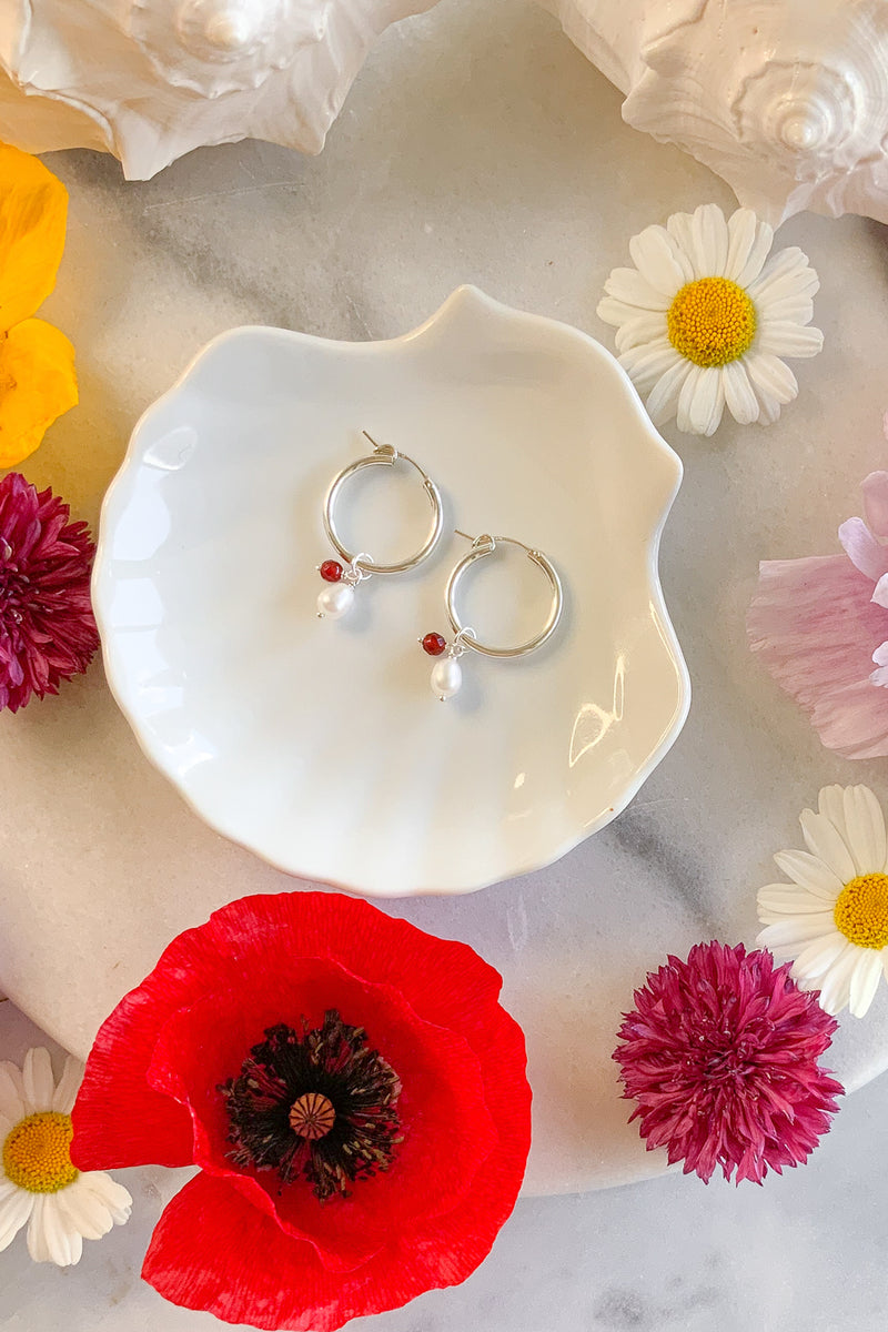 Red Agate & Pearl Hoops - Sterling SIlver