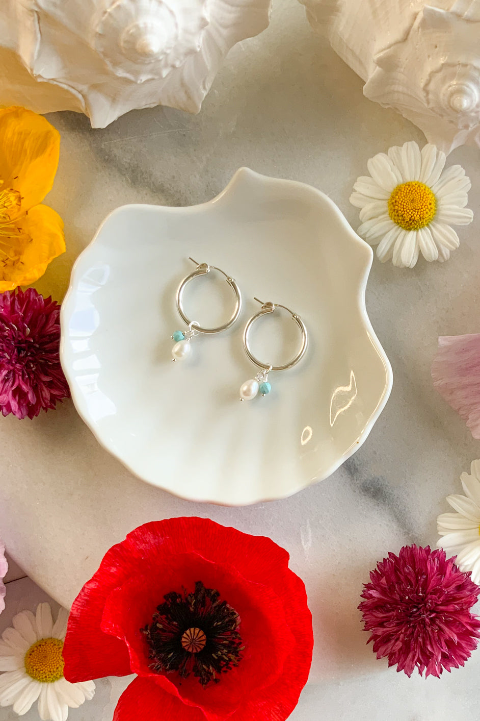 Turquoise & Pearl Hoops - Sterling Silver