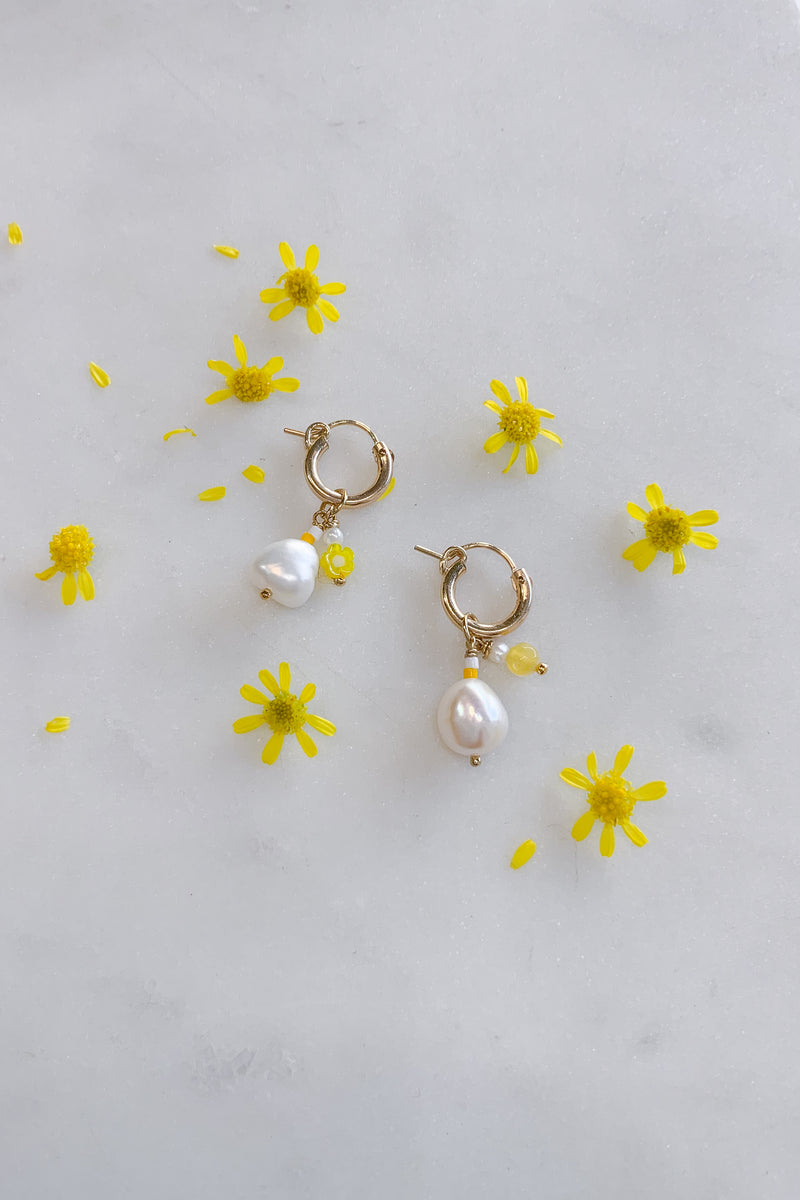 Pearl and Yellow Agate Hoops Gold Fill