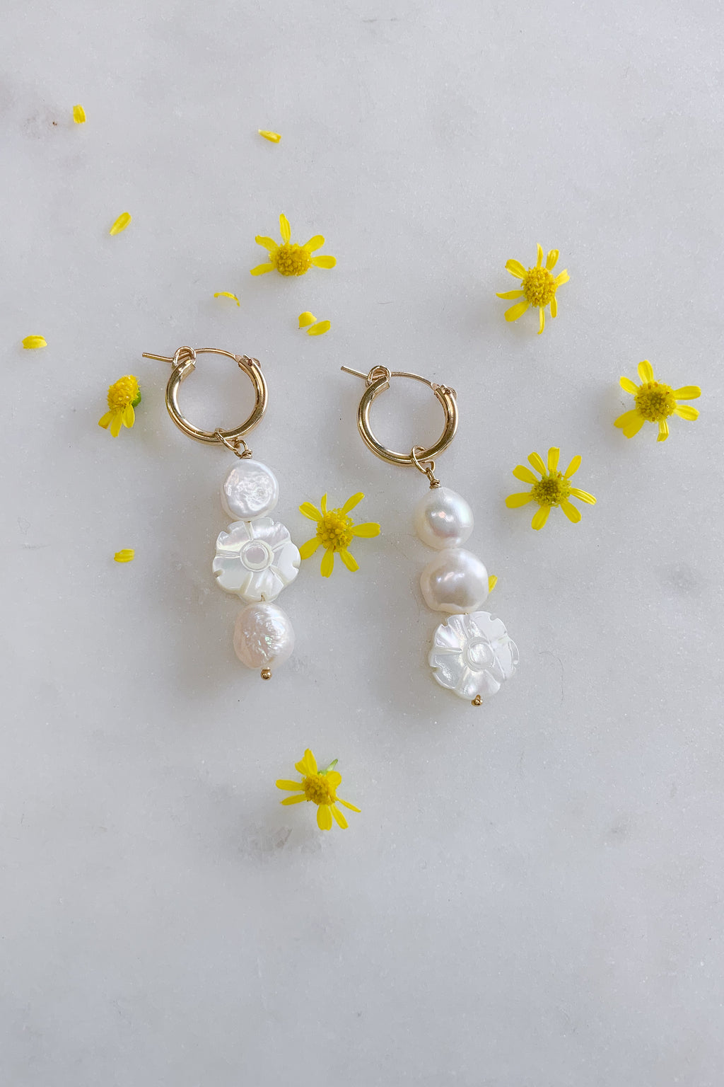 White Flower and Pearl Hoops Gold Fill