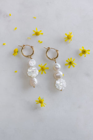 White Flower and Pearl Hoops Gold Fill