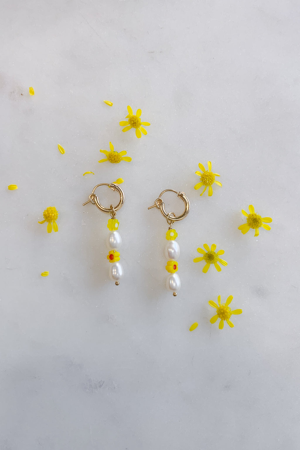 Pearl and Yellow Flower Stack Hoops Gold Fill