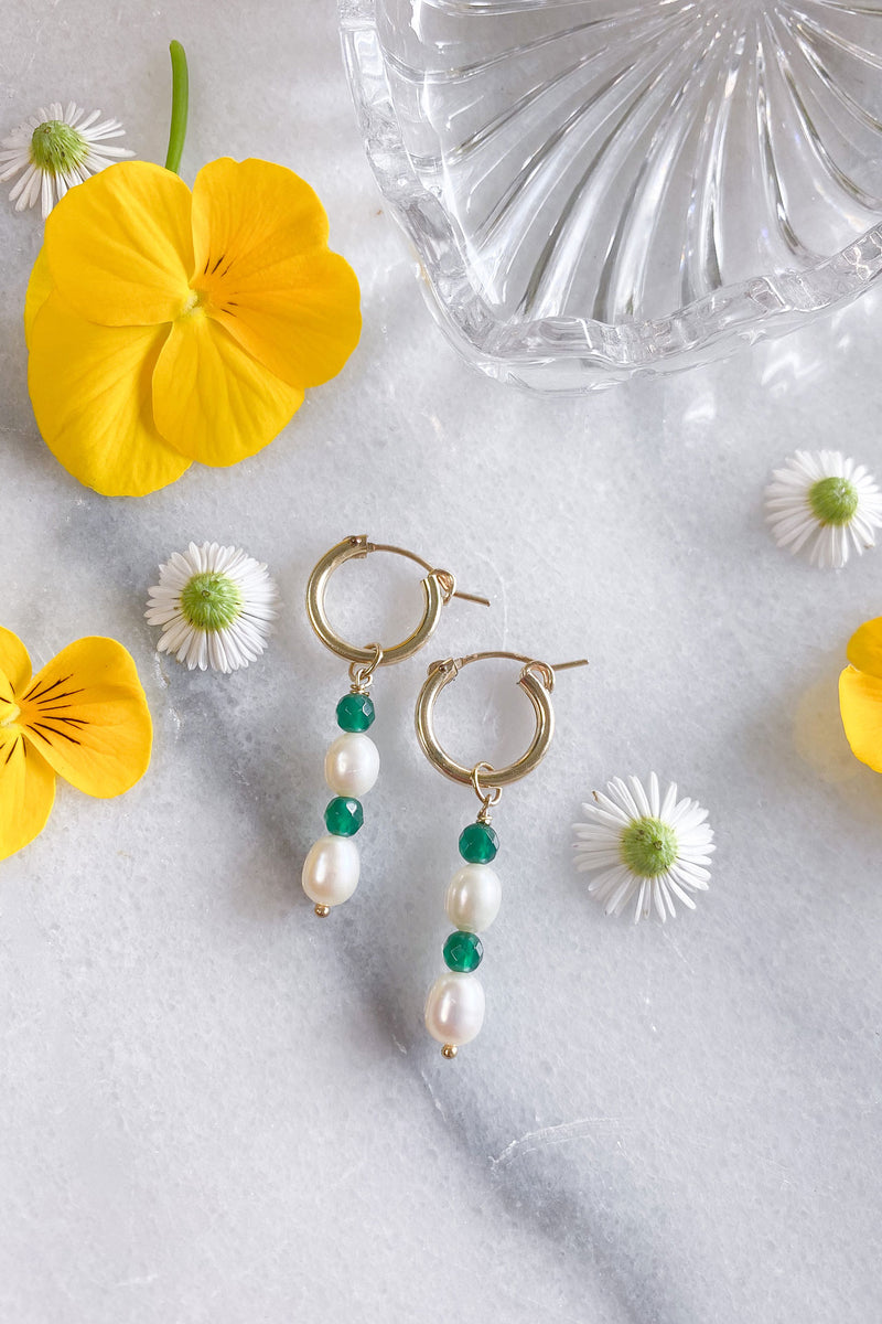 Pearl and Green Agate Stack Hoops Gold Fill