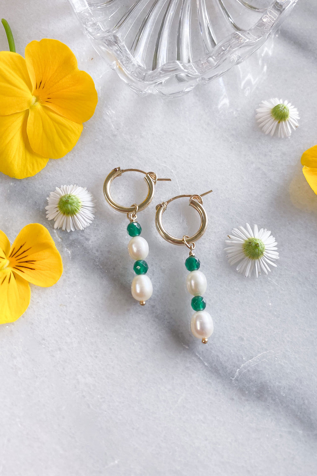 Pearl and Green Agate Stack Hoops Gold Fill