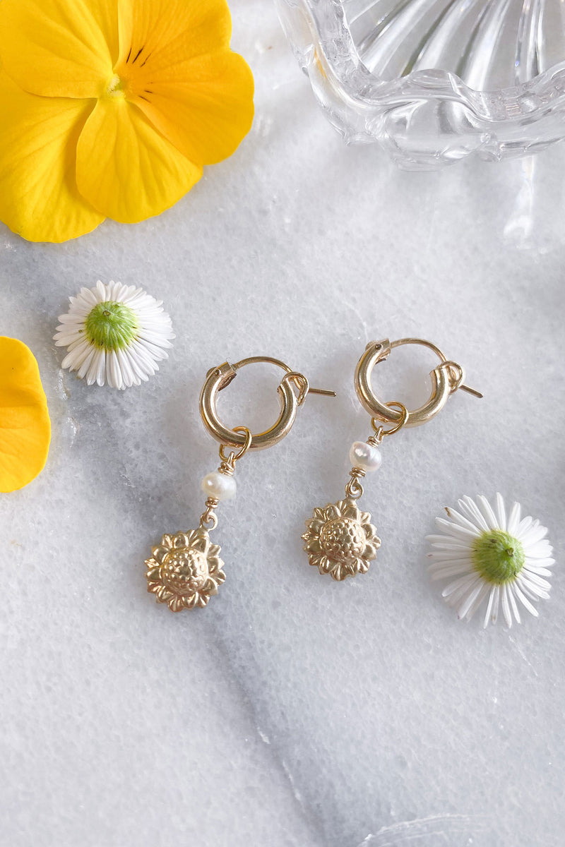 Sunflower and Pearl Hoop Gold Fill