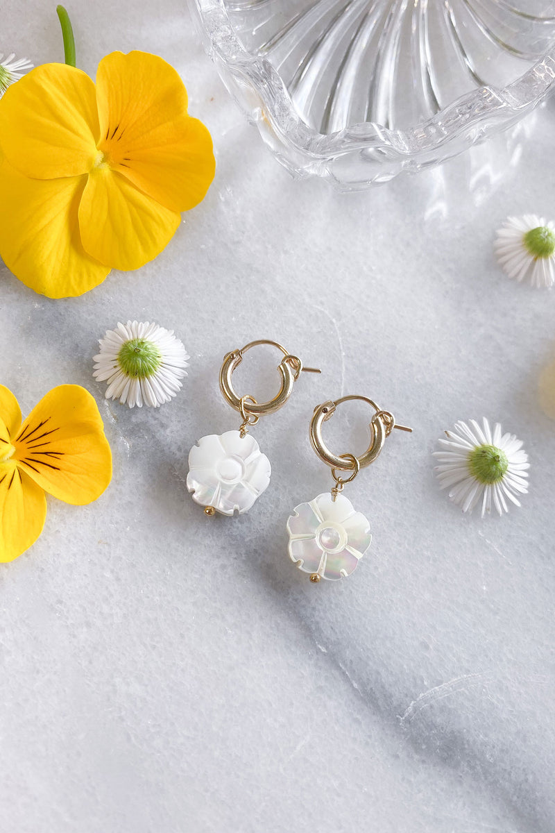 White Flower Hoops Gold Fill